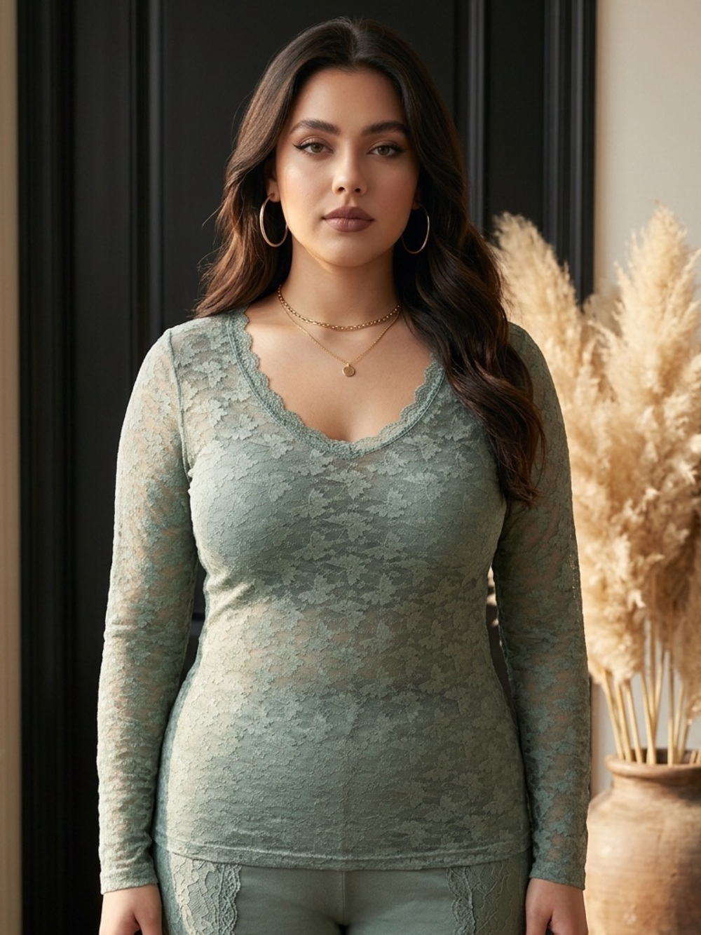 A Rare Bird Vintage Sheer Stretchy Lace Sage Green Long-Sleeve Top NEW FALL